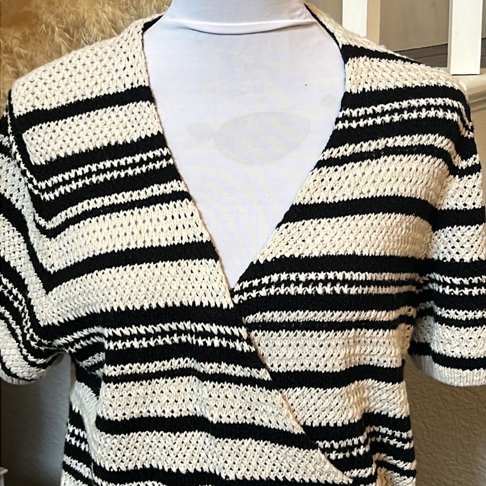 Anthropologie Striped Cropped Wrap Cotton Blend Short Sleeve Sweater Size Large - Picture 2 of 8